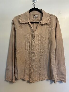 Scully Light Khaki Embroidered Pintuck Western Shirt Shacket Large